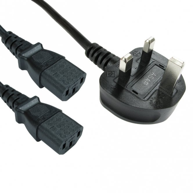 2m UK Plug to 2x C13 Mains Splitter Cable